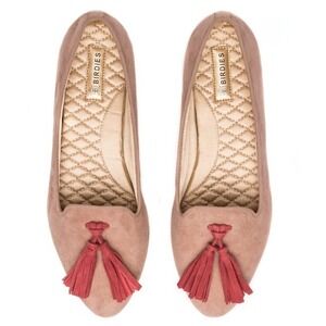 Birdies Tan Beige Suede Loafers Red Tassels Womens 8.5 Flat Shoes